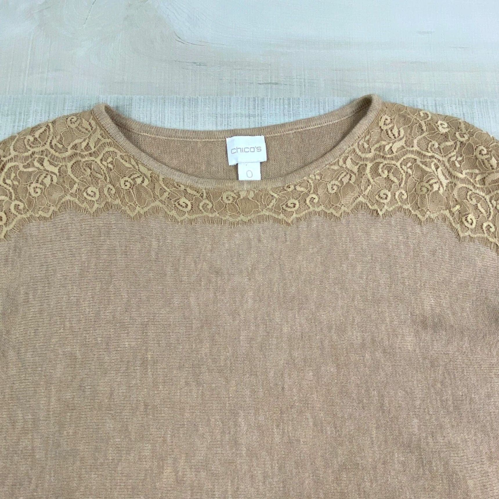 Vintage Chico's Womens Tan Sweater Pullover Lace Edges 3/4 Sleeves Size 0 Beige Ladies Size S / US 4 / IT 40 - 3 Thumbnail