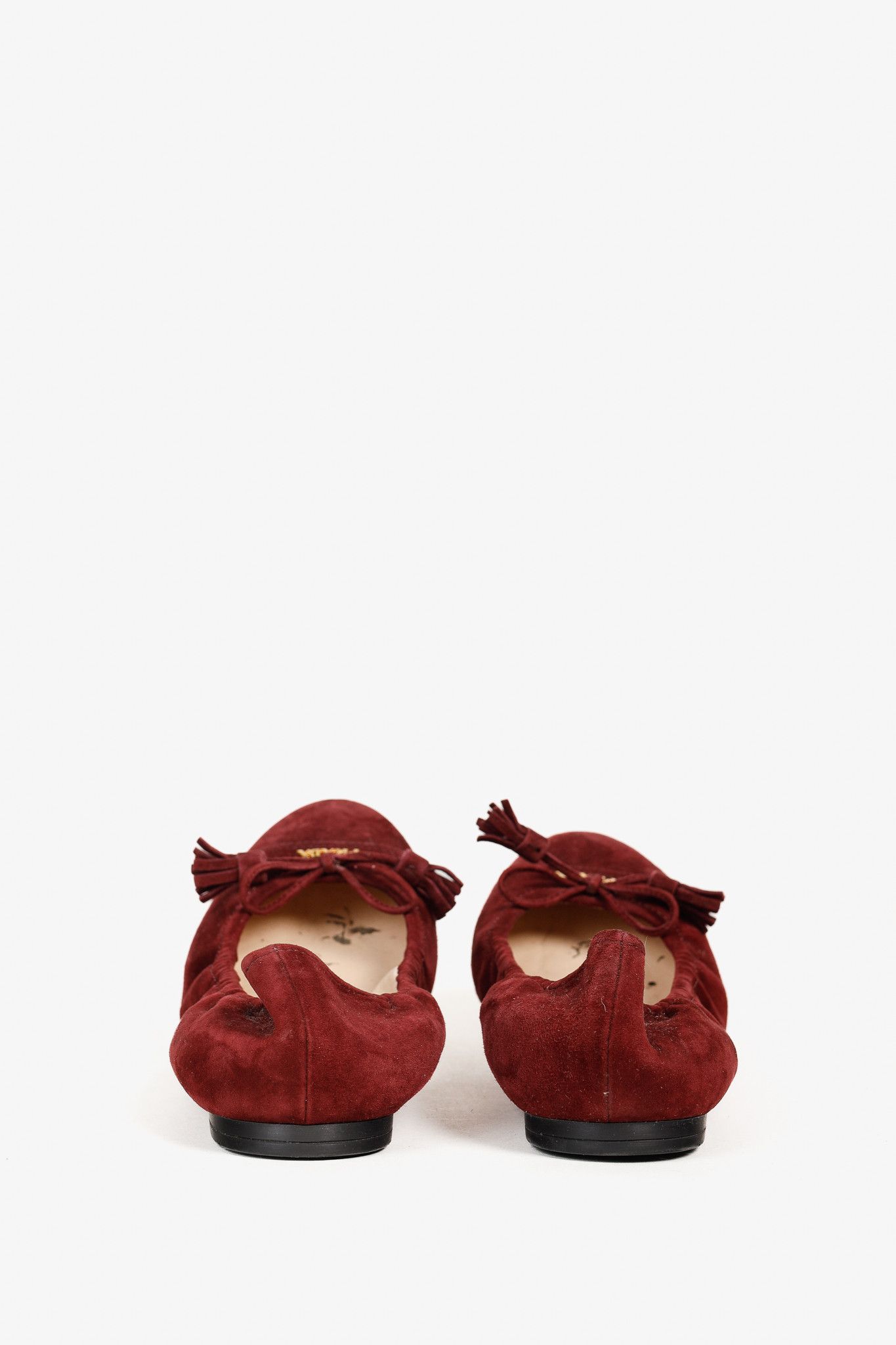 Prada Prada Burgundy Suede Tassel-Bow Scrunch Ballet Flat Size US 5.5 / IT 35.5 - 4 Thumbnail