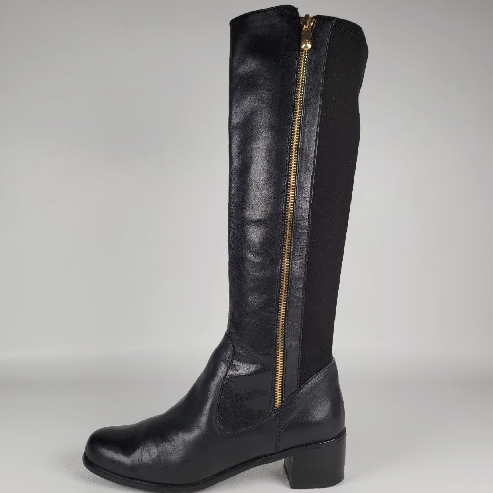 Vintage Tahari Kyle Black Leather Knee-High Boots 8M Zipper Stretch Leather Block Heel Riding Boot Women Footwear Casual Workwear City Tall Size US 8 / IT 38 - 7 Thumbnail