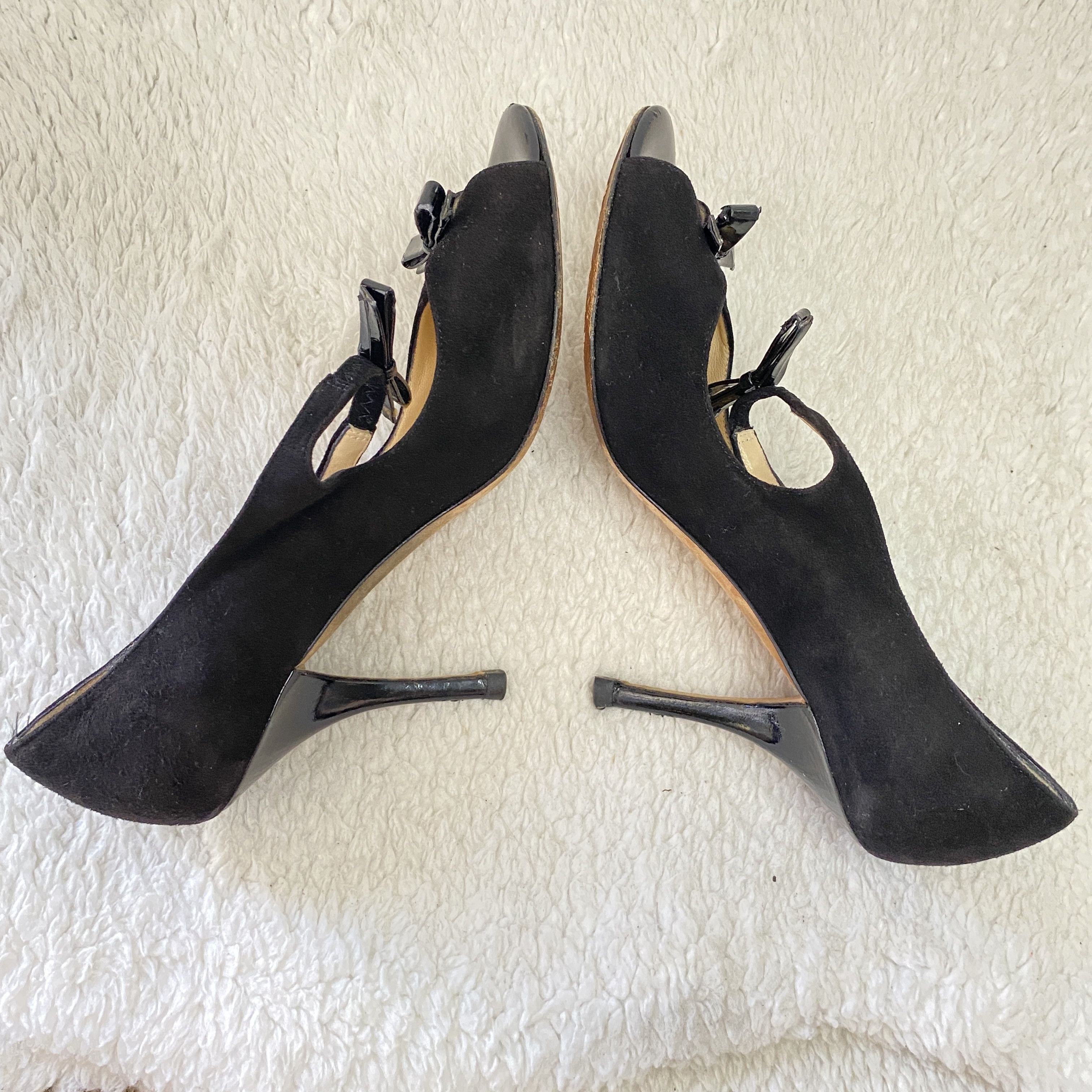 Kate Spade Kate Spade Black Suede Patent Leather Peep Toe Bow Pumps Size US 7.5 / IT 37.5 - 11 Thumbnail