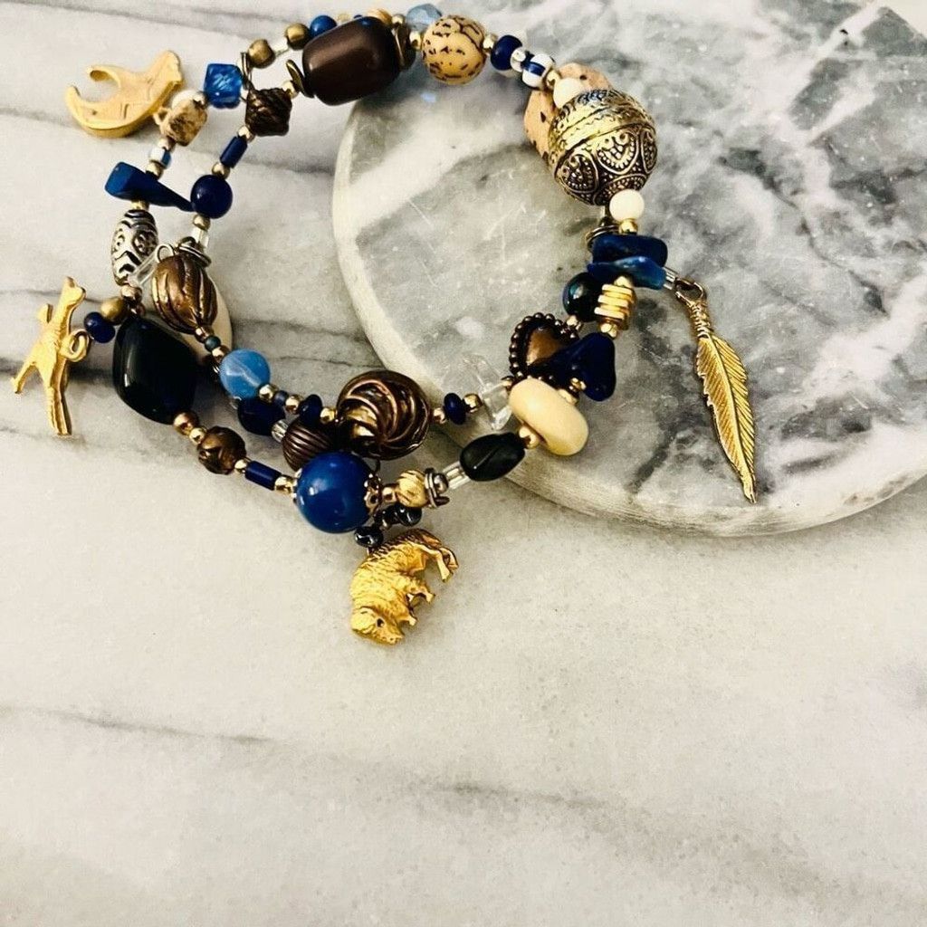 Jewelry Double Wrap Gemstone Bracelet Blue Beaded Gold Size ONE SIZE - 3 Thumbnail