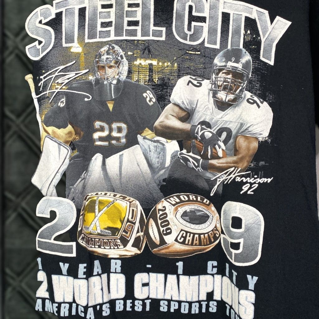 Gildan Pittsburgh Sports T Shirt Mens Black Gildan Short Sleeve Size M City Of Champions Marc Andre Fleury James Harrison"} Size US M / EU 48-50 / 2 - 1 Thumbnail