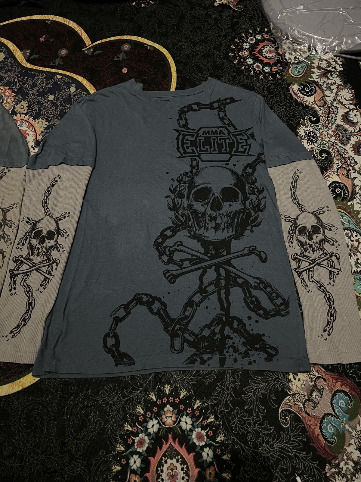 Affliction × Vintage Rare MMA Elite Skull Chains Double Sleeve Tee Size US S / EU 44-46 / 1 - 1 Thumbnail
