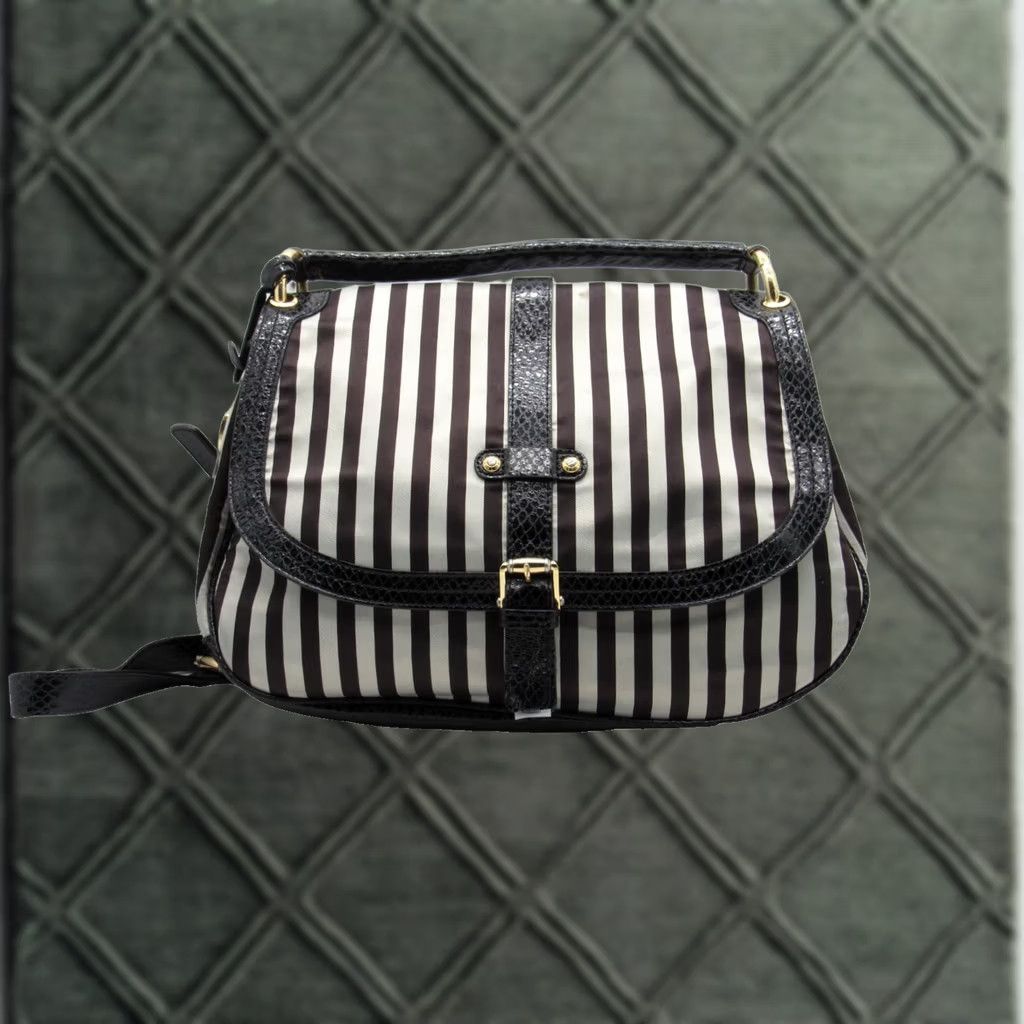 Henri Bendel VINTAGE Henri Bendel Striped Hobo Crossbody Handbag Black Grey Canvas Gold Hardware Womens Crossbody Bag Charm Size ONE SIZE - 1 Thumbnail