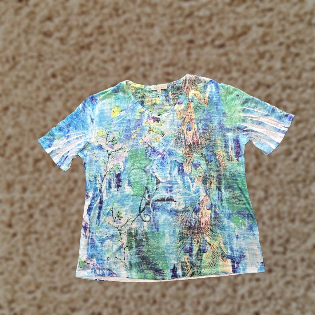 Vintage Jess Jane Top Womens Size Medium Blue Abstract Artsy Rhinestones Stretch Casual Shirt Size M / US 6-8 / IT 42-44 - 1 Thumbnail