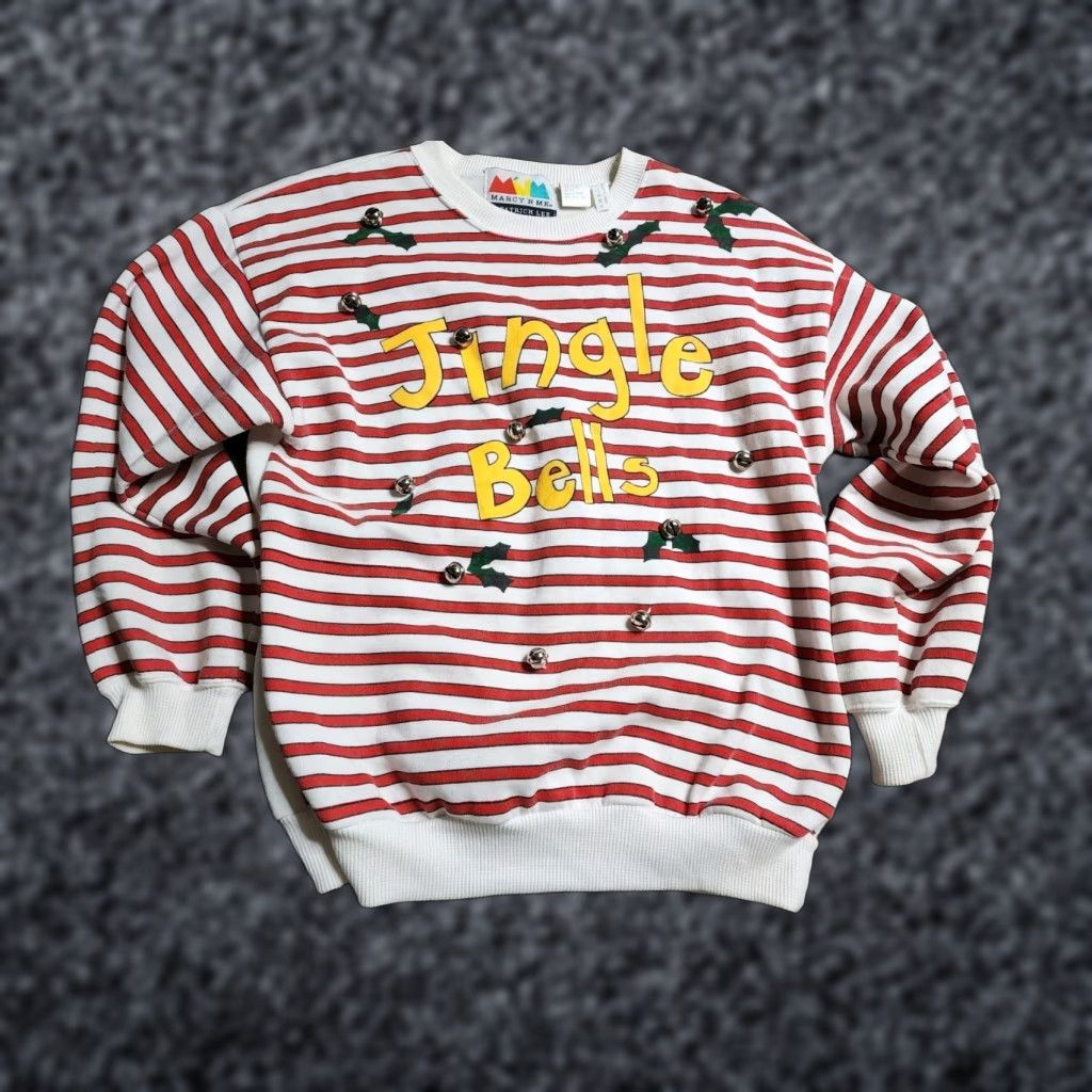 Bell VINTAGE 1990s Jingle Bells White Striped Christmas Crewneck Sweatshirt Womens M Marcy 'n Me Shirt Adult Medium Size M / US 6-8 / IT 42-44 - 1 Thumbnail
