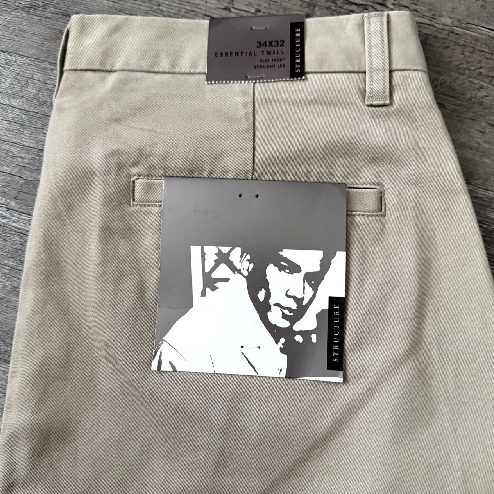 Essentials Structure Essential Twill Pants Mens Size 34x32 Khaki Flat Front Straight NEW Size US 34 / EU 50 - 2 Thumbnail