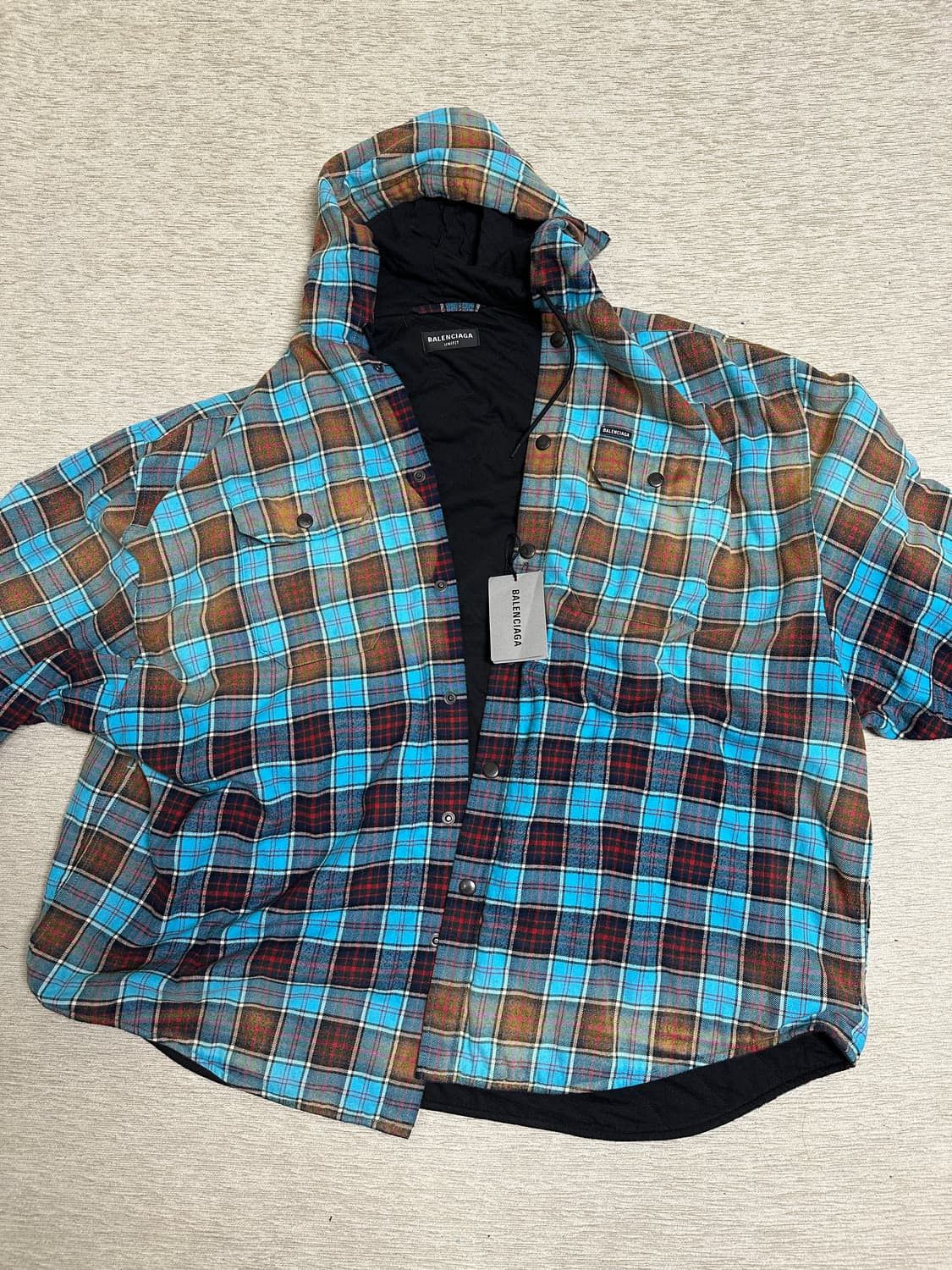 Image of Balenciaga Bleached Hooded Flannel Oversized Shirt in Blue, Men's (Size XS)