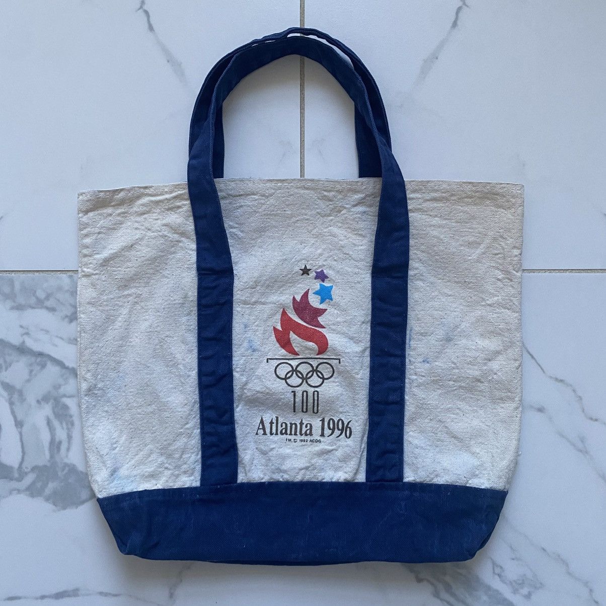Vintage Vintage 1996 Olympics Atlanta Tote Bag Beige Navy Small Size ONE SIZE - 1 Thumbnail