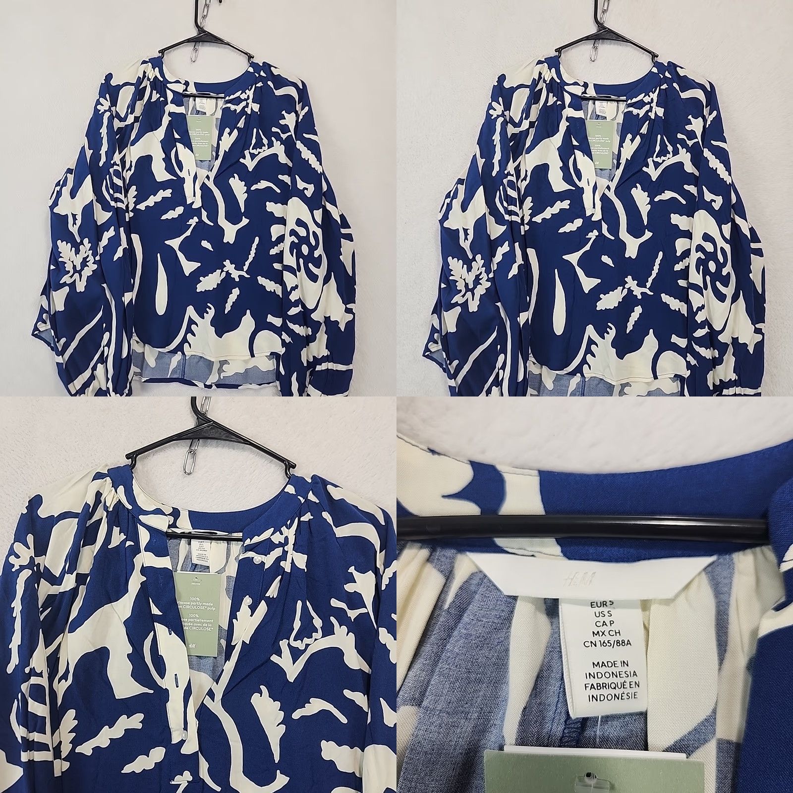 H&M H&M Blouse Tunic Womens S Viscose Long Sleeve White Blue Floral 1/2 Button Front V-Neck Office Casual Shirt Size S / US 4 / IT 40 - 8 Thumbnail