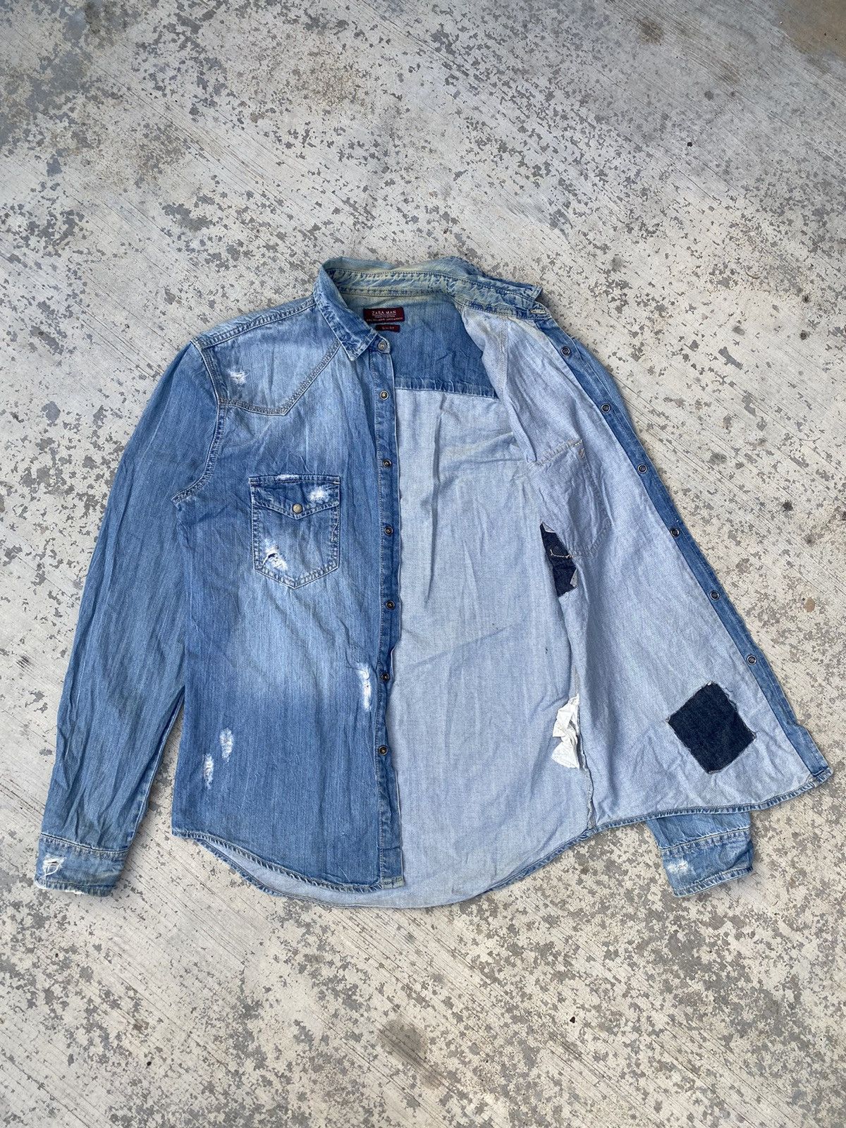 Zara Zara man slim fit distressed stone wash denim western shirts Size US M / EU 48-50 / 2 - 3 Thumbnail