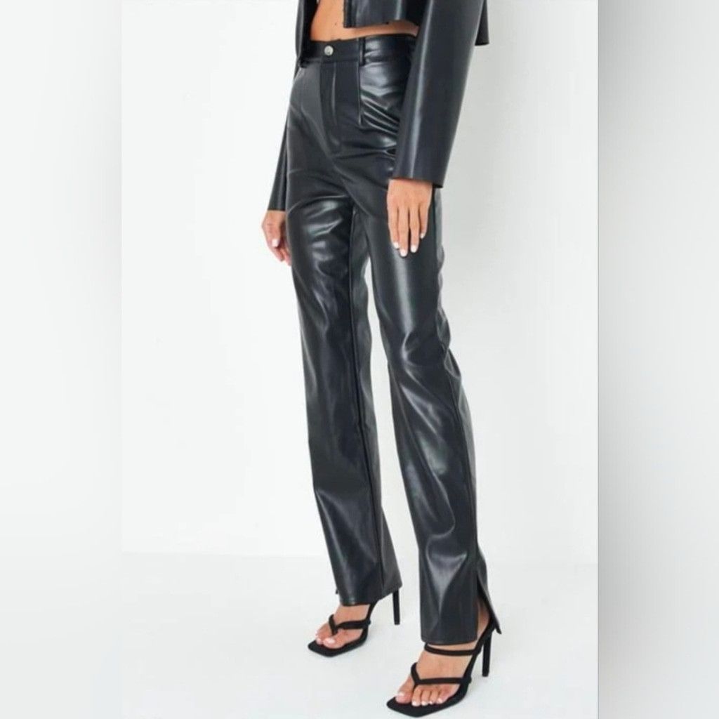 Missguided Missguided Faux Leather Split Hem Black Trousers Size 10 Size 32" / US 10 / IT 46 - 1 Thumbnail