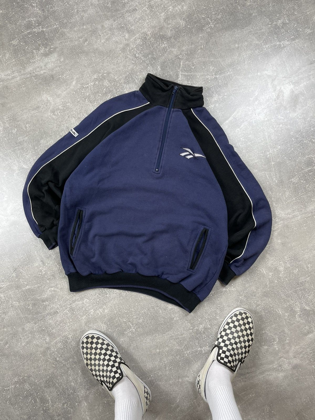 Reebok × Vintage Reebok Vintage 90s Black/Blue Sweatshirt Cotton 1/4 Zip Size US L / EU 52-54 / 3 - 1 Thumbnail