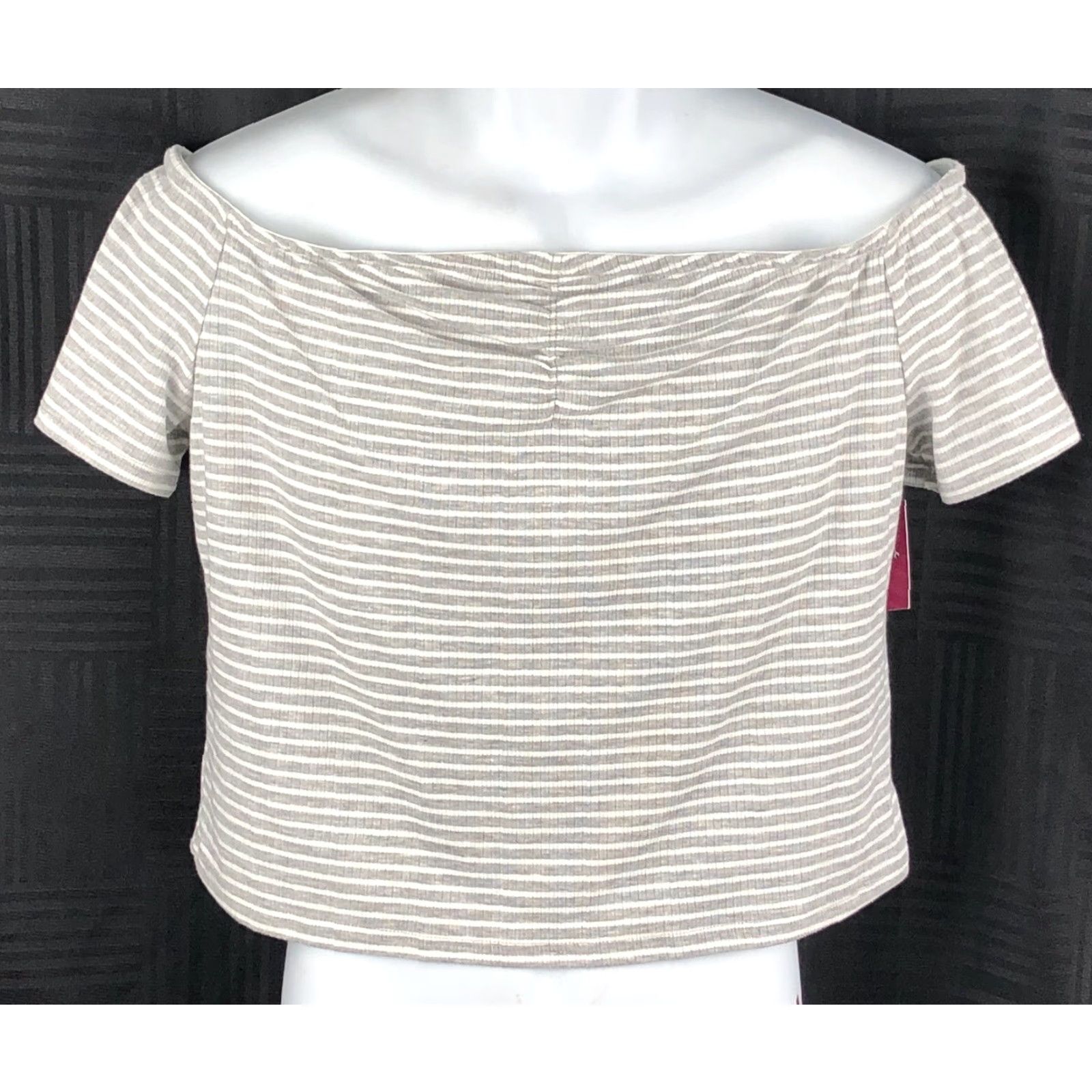 Vintage NWT SO Cropped Top Tee L Gray/White Stripe Off Shoulder Ruched Y2K 90s Blouse Shirt Womens Short Sleeve Cropped Boho Grunge Size L / US 10 / IT 46 - 2 Thumbnail