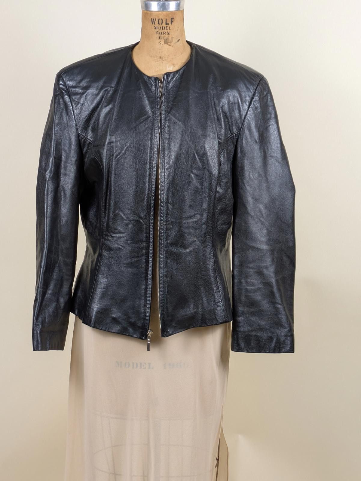 Maximilian Davis 1990's collarless black leather jacket Size L / US 10 / IT 46 - 3 Thumbnail