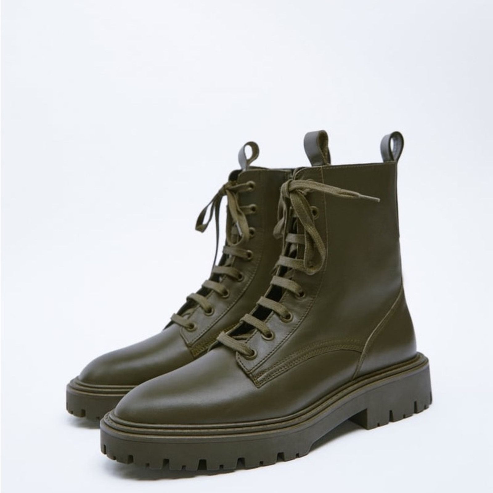 Zara ZARA LOW HEEL LACED LEATHER ANKLE BOOTS KHAKI GREEN Size US 6.5 / IT 36.5 - 3 Thumbnail
