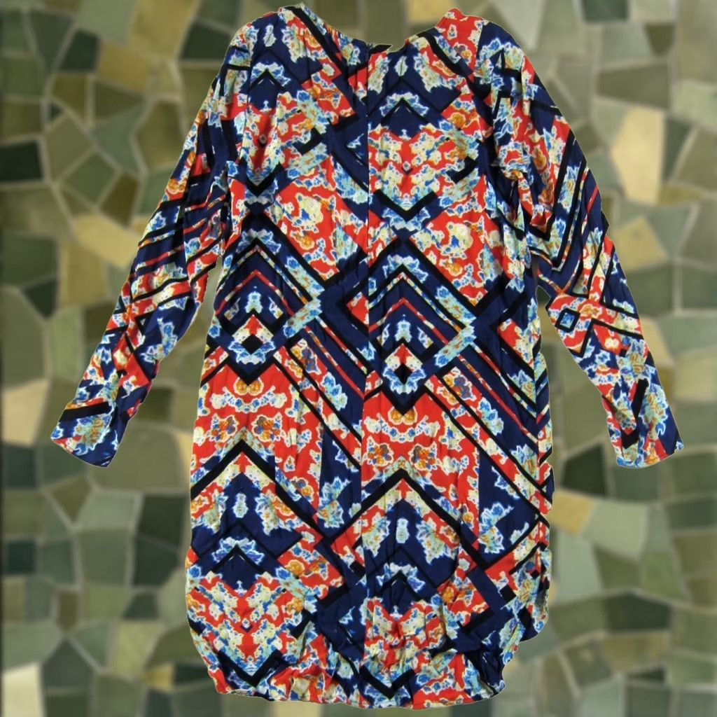 Vintage WAYF Shirt Dress XS Blue Orange Yellow Abstract Rayon Long Sleeve Shift Tunic Size XS / US 0-2 / IT 36-38 - 1 Thumbnail