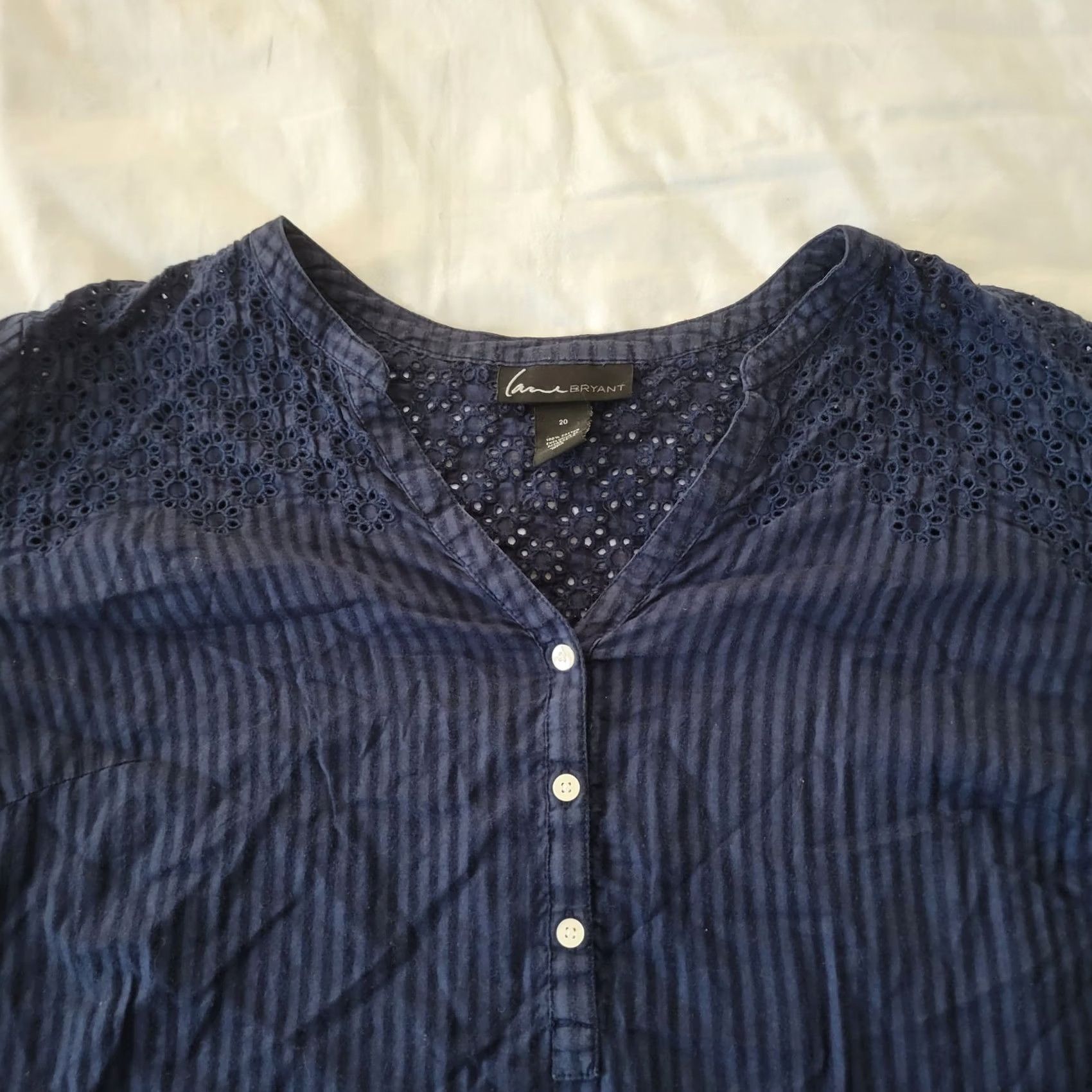 Vintage Lane Bryant Blouse Womens 20 Blue Striped Lace Yoke Long Sleeve Boho Top Cotton Size 3XL / US 20-22 - 2 Thumbnail