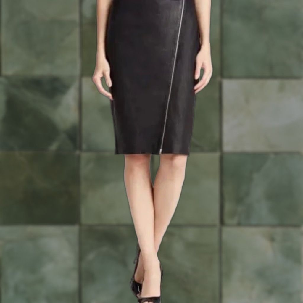 Theory Black Leather Skirt Size 2 Pencil Straight Knee Length Zip Asymmetrical Gracey
