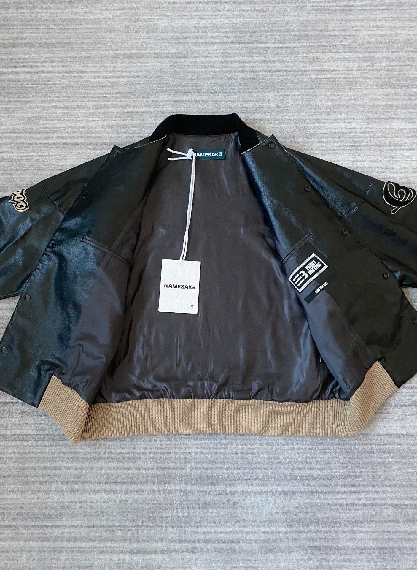 Namesake Woven Leather-Sleeve Patch Jacket in Beige, Men's — image 3 of 6