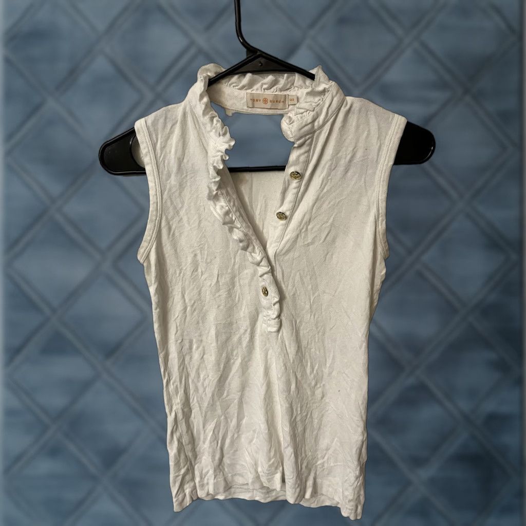 Tory Burch VINTAGE Tory Burch Polo Shirt Women XS White Knit Sleeveless Ruffle Logo Casual Size XXS / US 00 / IT 34 - 1 Thumbnail