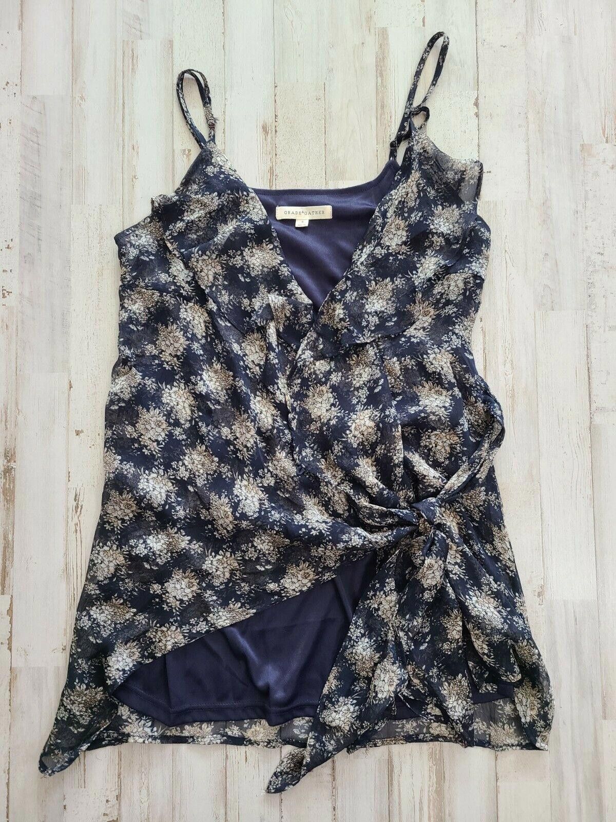 Designer Grade And Gather Top Small Deep V Neck Blue Floral Tank Size S / US 4 / IT 40 - 1 Thumbnail
