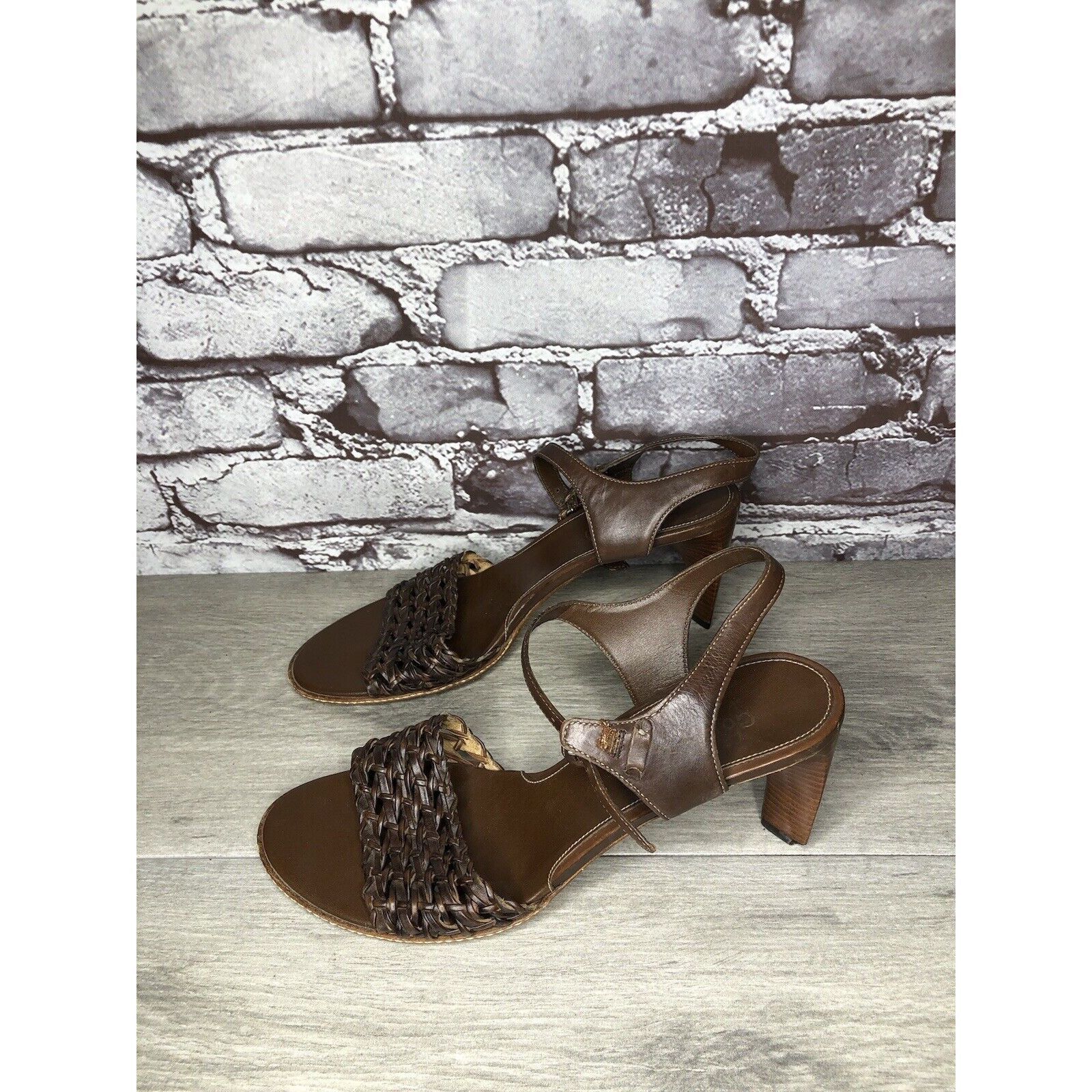 Cole Haan Cole Haan Brown Leather Woven Heel AnkleStrap Sandals Women Size US 7.5 / IT 37.5 - 6 Thumbnail
