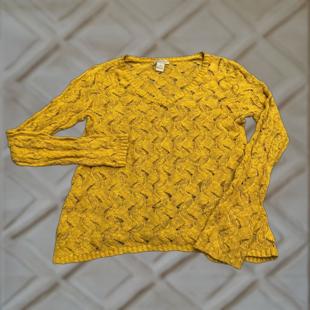 Lucky Brand Lucky Brand Crochet Pullover Sweater Womens L Yellow Open Knit V-Neck Bohemian Classic Size L / US 10 / IT 46 - 1 Thumbnail