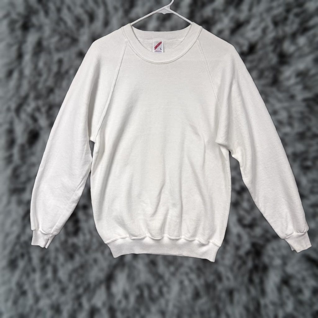 Jerzees VINTAGE Jerzees Sweatshirt Men L White Fleece Crewneck Athletic Pullover USA 90s White Solid Mens Large Long Sleeve Crew Neck Size US L / EU 52-54 / 3 - 1 Thumbnail