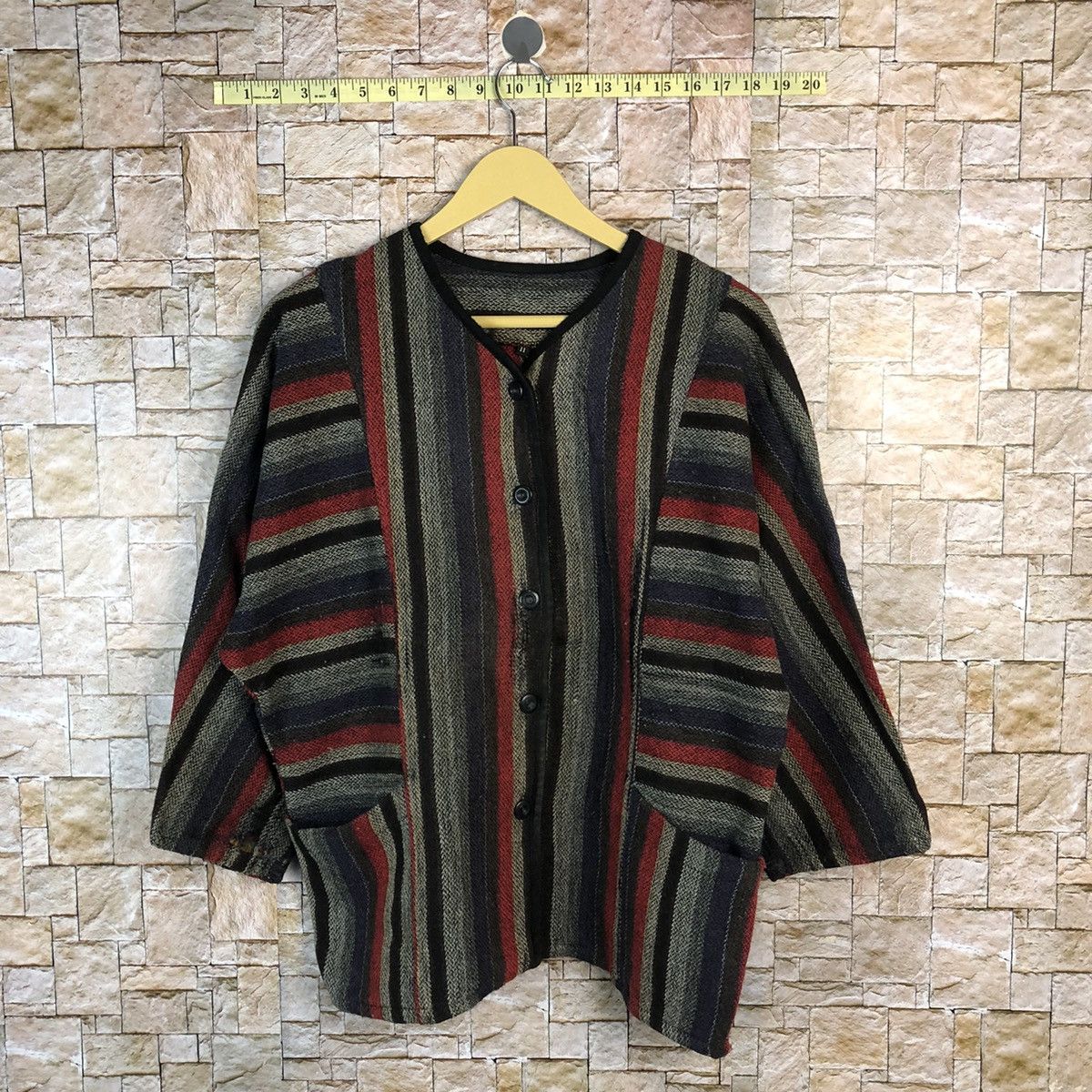 Homespun Knitwear Japan cardigan Red black stripe Knitwear #A499 Size L / US 10 / IT 46 - 1 Thumbnail