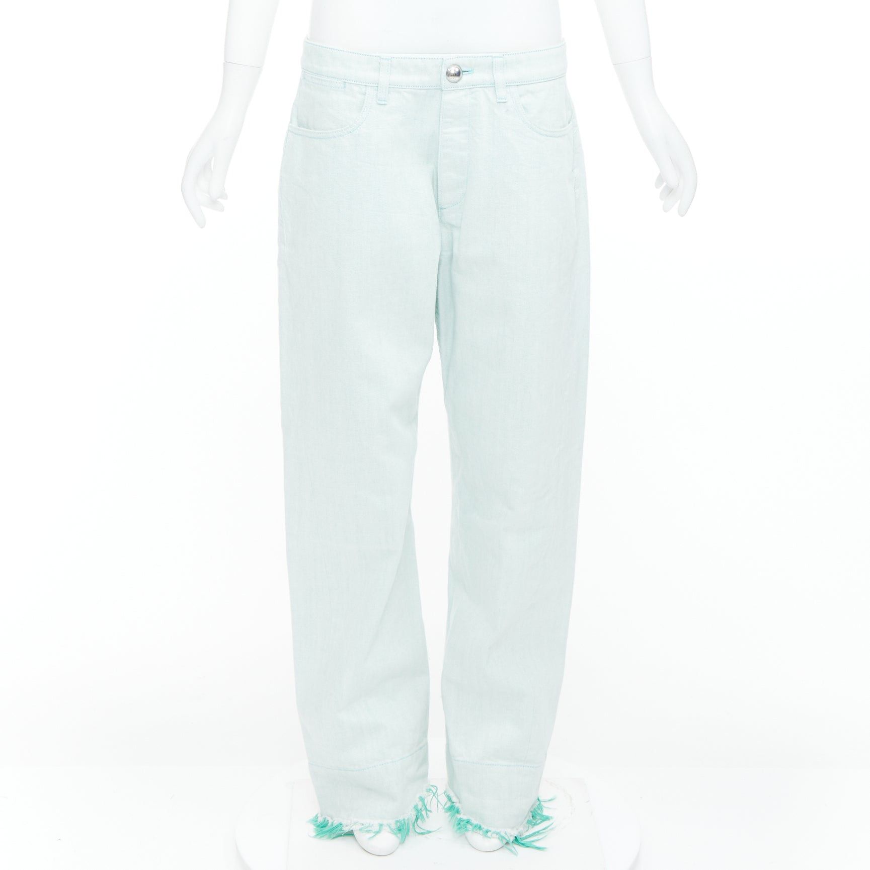 JIL SANDER washed green cotton frayed hem wide leg jeans FR40 S