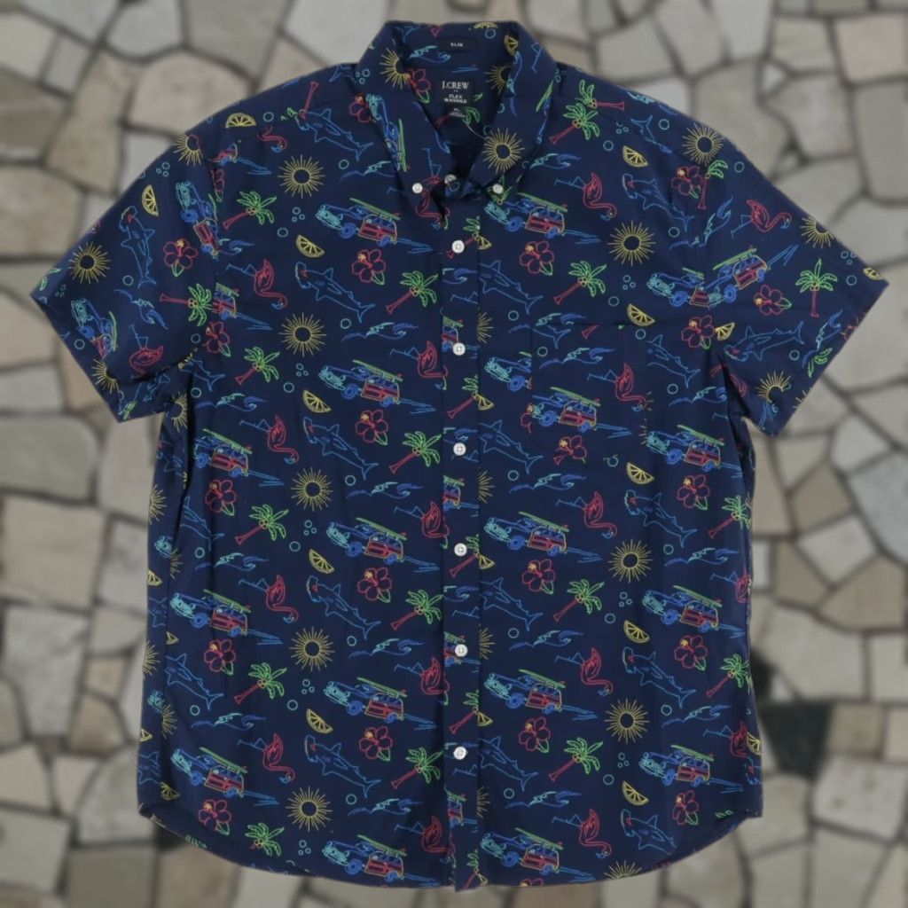 Vintage J Crew Flex Washed Neon Beach Button Down Shirt Navy Blue Men's XL Size US XL / EU 56 / 4 - 1 Thumbnail