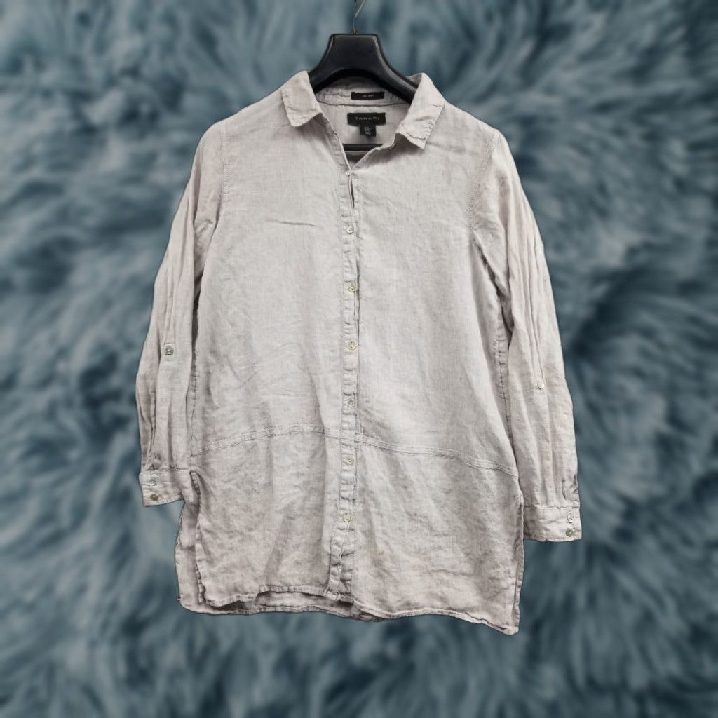 Vintage Tahari Shirt Button-Up Tahari Women Button Down Long Sleeve 100% Linen Gray Medium M Casual Tunic Vintage No N/A Size M / US 6-8 / IT 42-44 - 1 Thumbnail