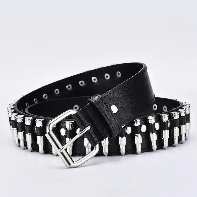 Leather Bullet Belts Metal Rivet Punk Belts Size ONE SIZE - 1 Thumbnail