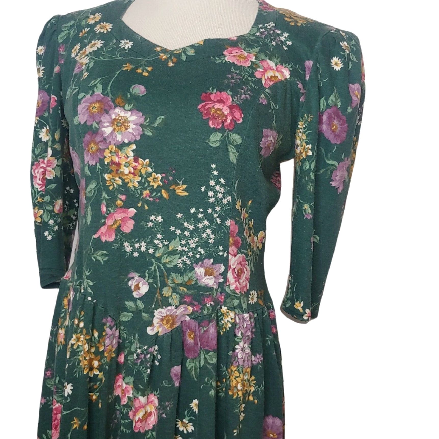 Vintage VINTAGE Scandels Dress Medium Green Floral Knit Drop Waist Casual/Party/Wedding 1980s 1990s Womens Size M / US 6-8 / IT 42-44 - 5 Thumbnail