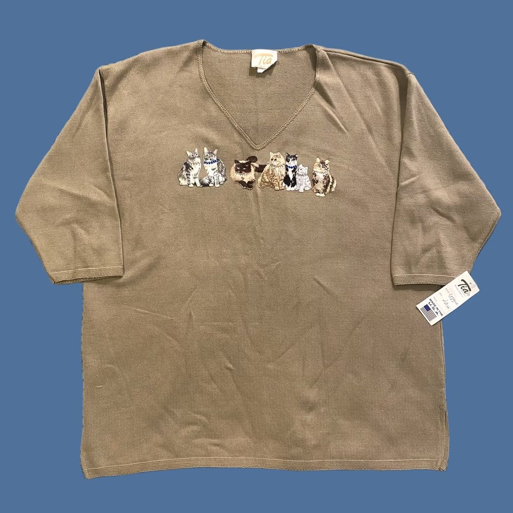 4SDESIGNS VINTAGE Tia S DESIDNS Short Sleeve Sweater Embroidered Cats Rhinestones 2XL NWT Beige Cap Sleeve Pullover Cats 90s Womens Size XXL / US 16-18 / IT 52-54 - 1 Thumbnail