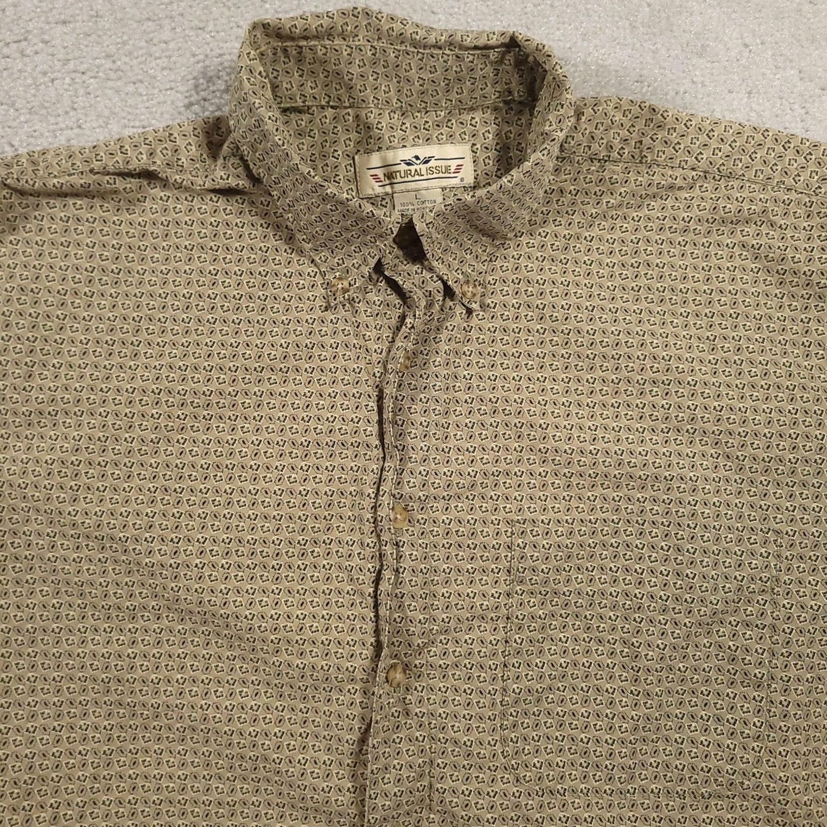 Vintage Natural Issue Shirt Mens L Green Geometric Button-Down Short Sleeve Cotton Size US L / EU 52-54 / 3 - 3 Thumbnail