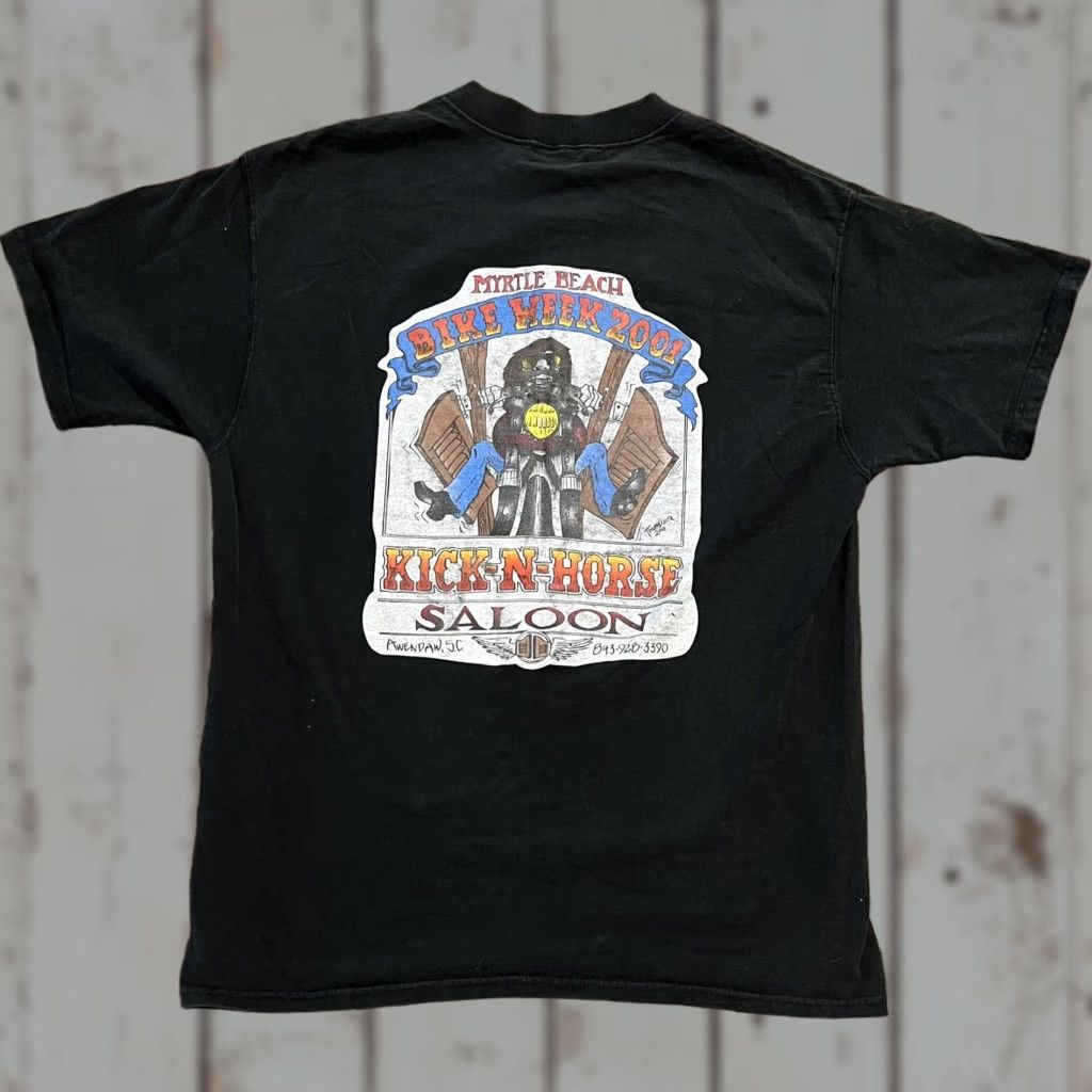 Fruit Of The Loom VINTAGE Kick-N-Horse Saloon Button Black T-Shirt Mens L Cotton 2001 Awendaw SC Size US L / EU 52-54 / 3 - 1 Thumbnail
