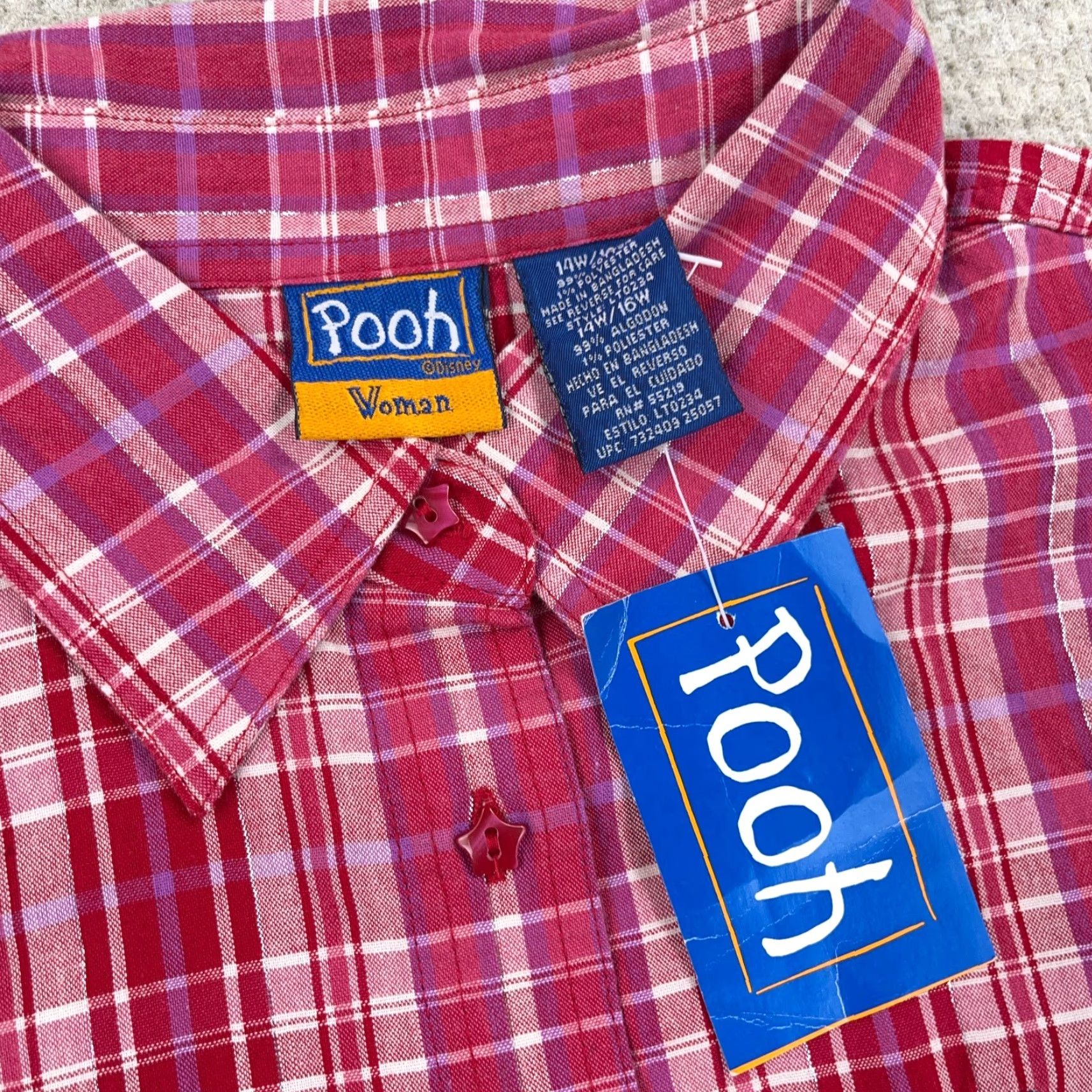 Disney VINTAGE Winnie the Pooh Shirt Womens 14/16W Button Up Sleeveless Red Plaid Adult Size XL / US 12-14 / IT 48-50 - 3 Thumbnail