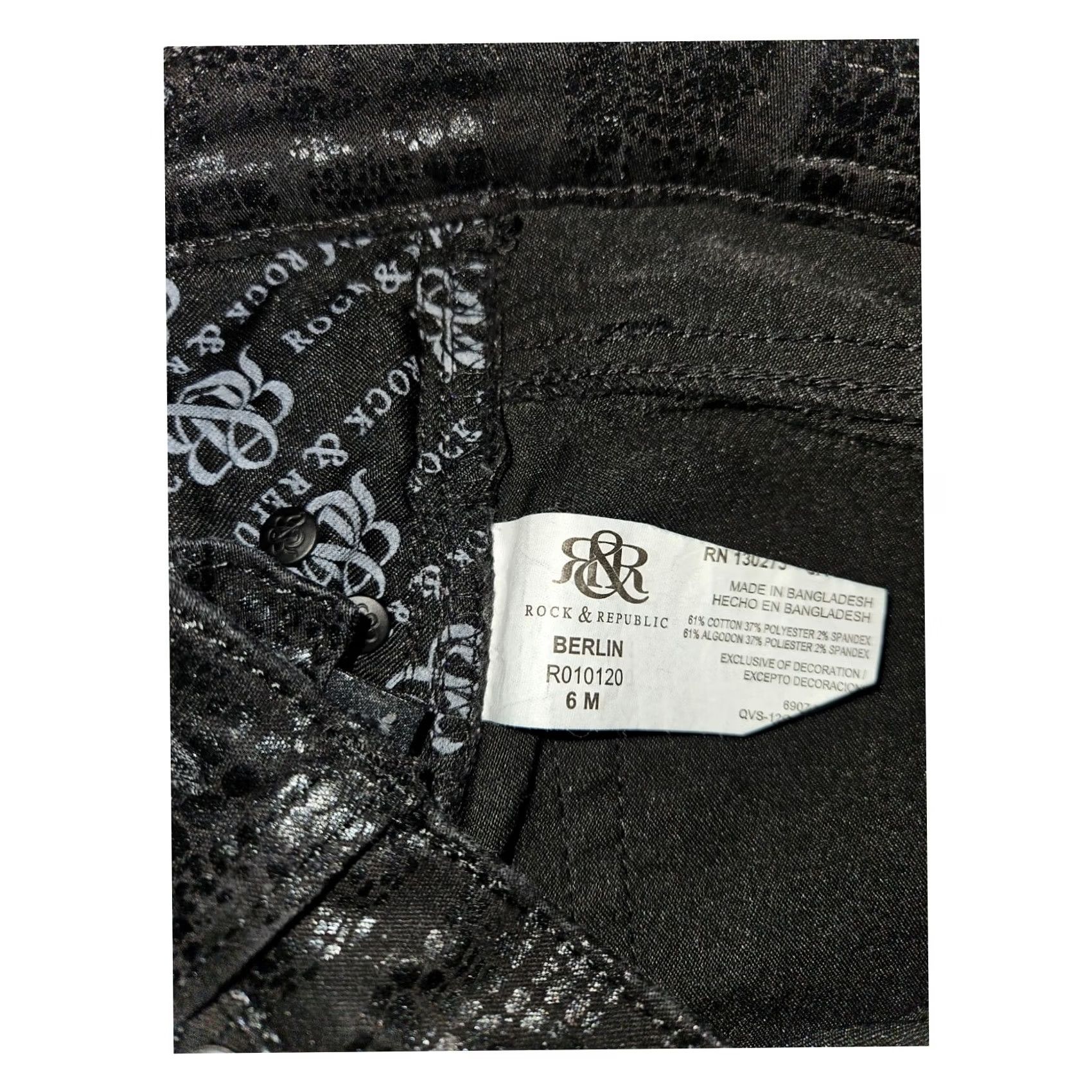 Vintage Rock & Republic Berlin Skinny Pants Women's 6M Black Alagator Print Stretch Jeans Jeggings 30in Inseam Space Black Logo Gothic Hipster 90s Womens Size 28" / US 6 / IT 42 - 2 Thumbnail