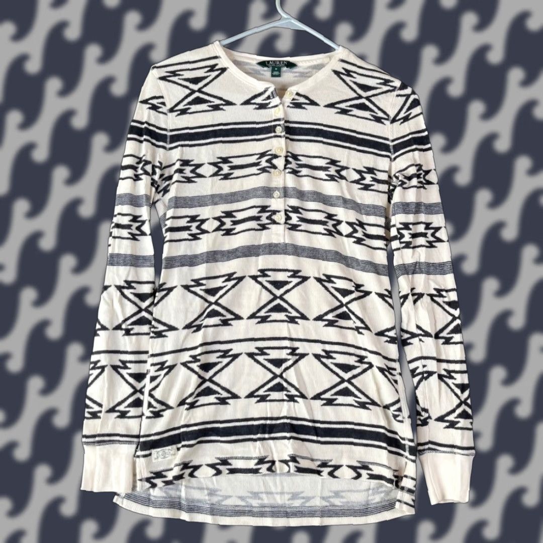 Ralph Lauren Lauren Ralph Lauren Women's Long Sleeve Thermal Henley Southwestern Print Cream M Buttons Up Shirt Womens Size M Size M / US 6-8 / IT 42-44 - 1 Thumbnail