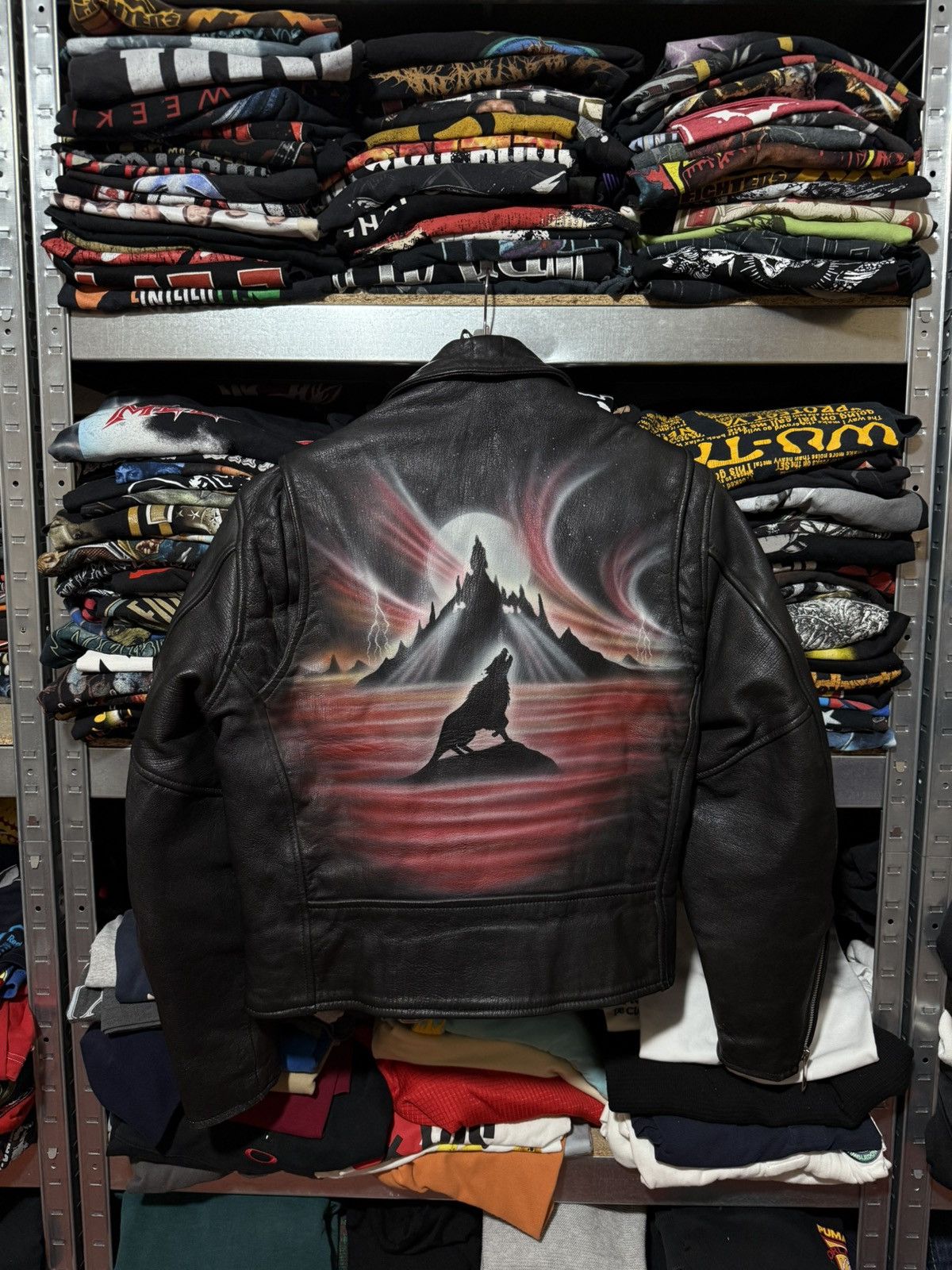 Vintage 80’s Crazy Painted Wolf Art Leather Biker Jacket Y2K