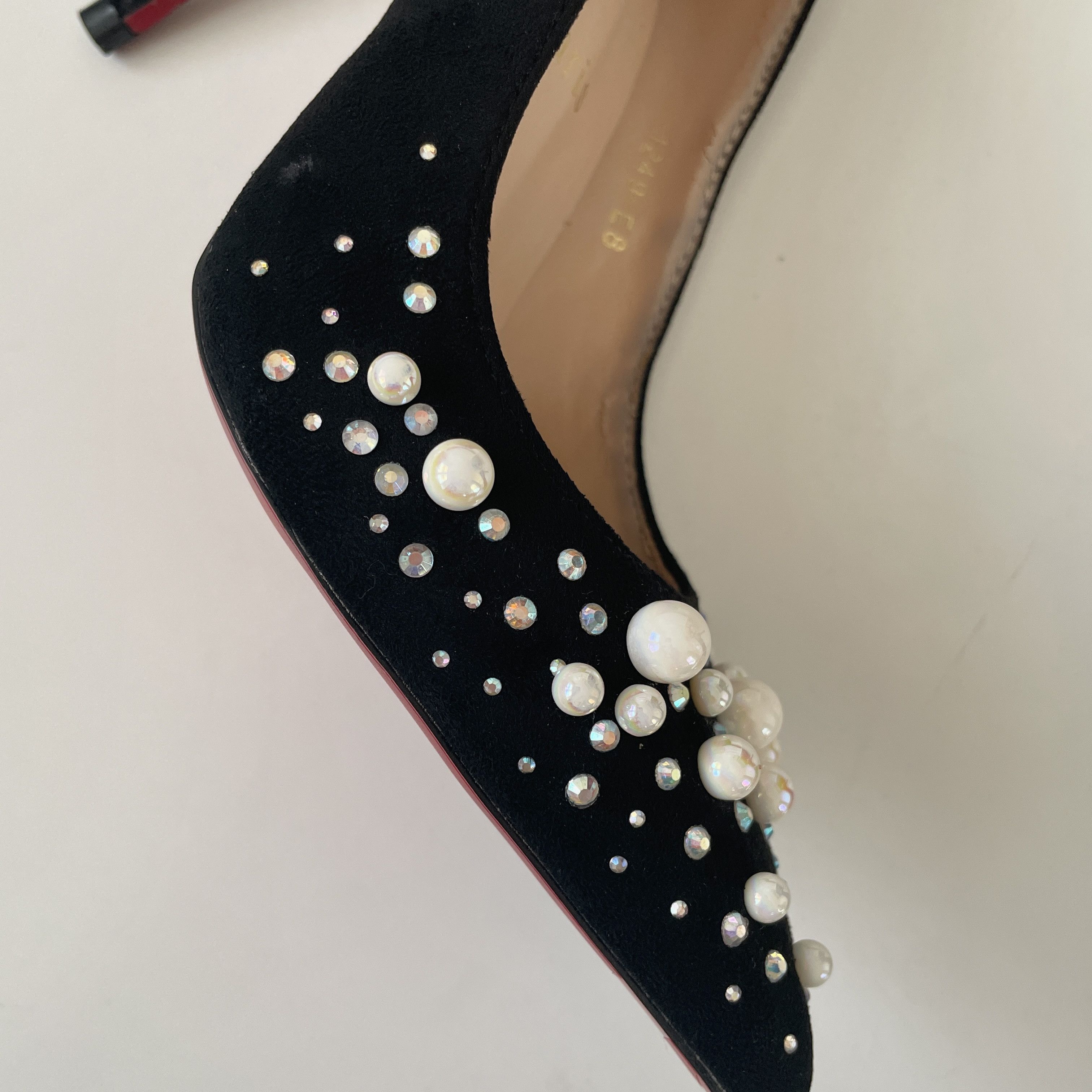 Christian Louboutin RARE 👠 Christian Louboutin Black Suede Embellished Pump Size US 5 / IT 35 - 8 Thumbnail