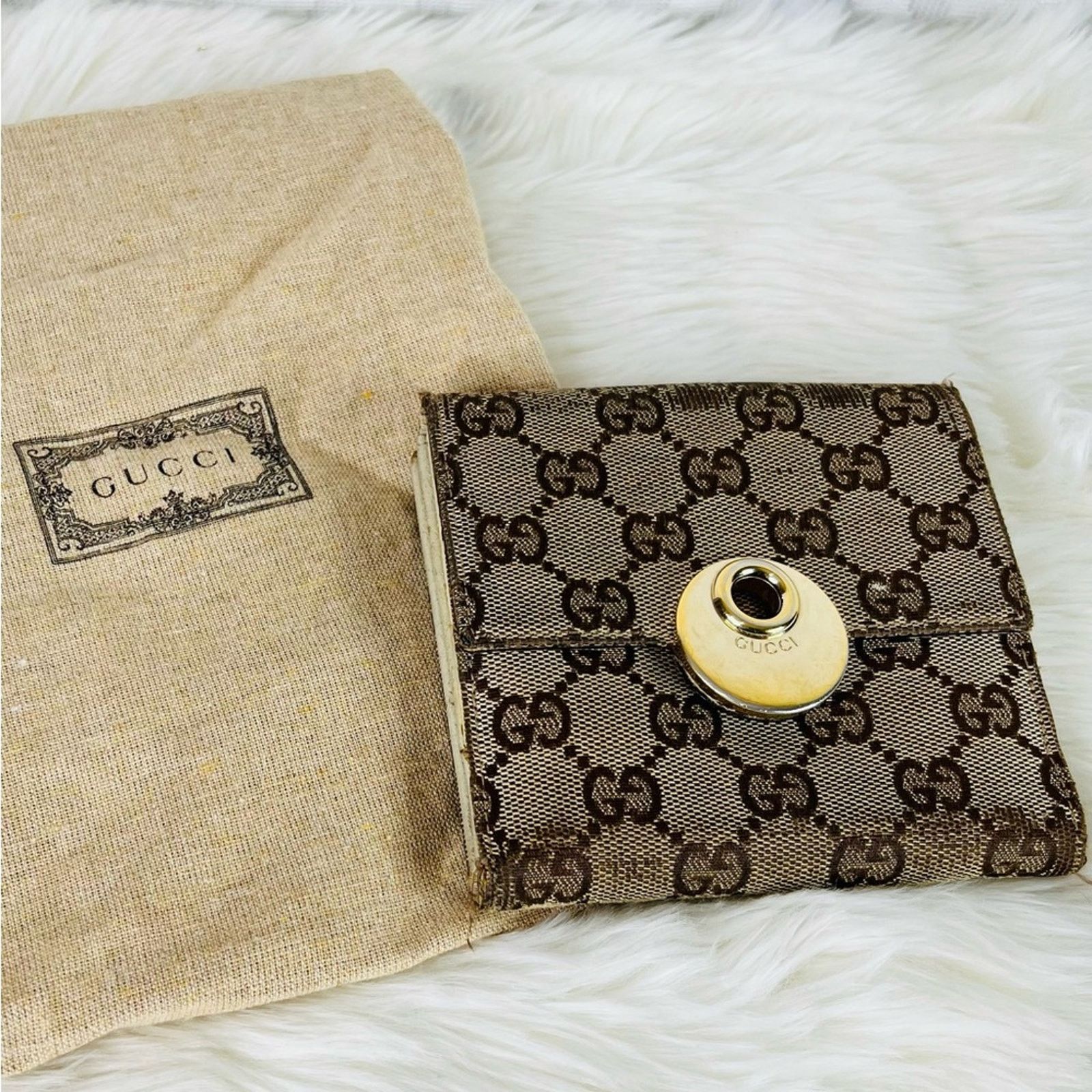 image of Gucci Vintage Eclipse GG Canvas Compact Wallet With Dust Bag in Cream, Women's