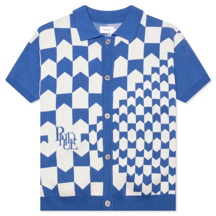 image of Rhude NWT Racing Checkered Knit Shirt in Blue/White, Men's (Size XL)