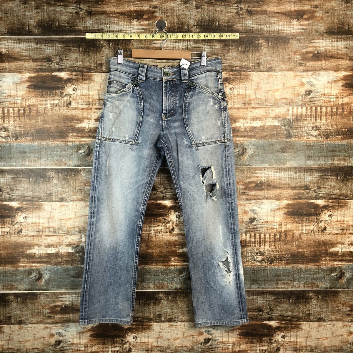 Japanese Brand Back Number Blue Distressed Denim Pants #A2098 Size US 30 / EU 46 - 1 Thumbnail