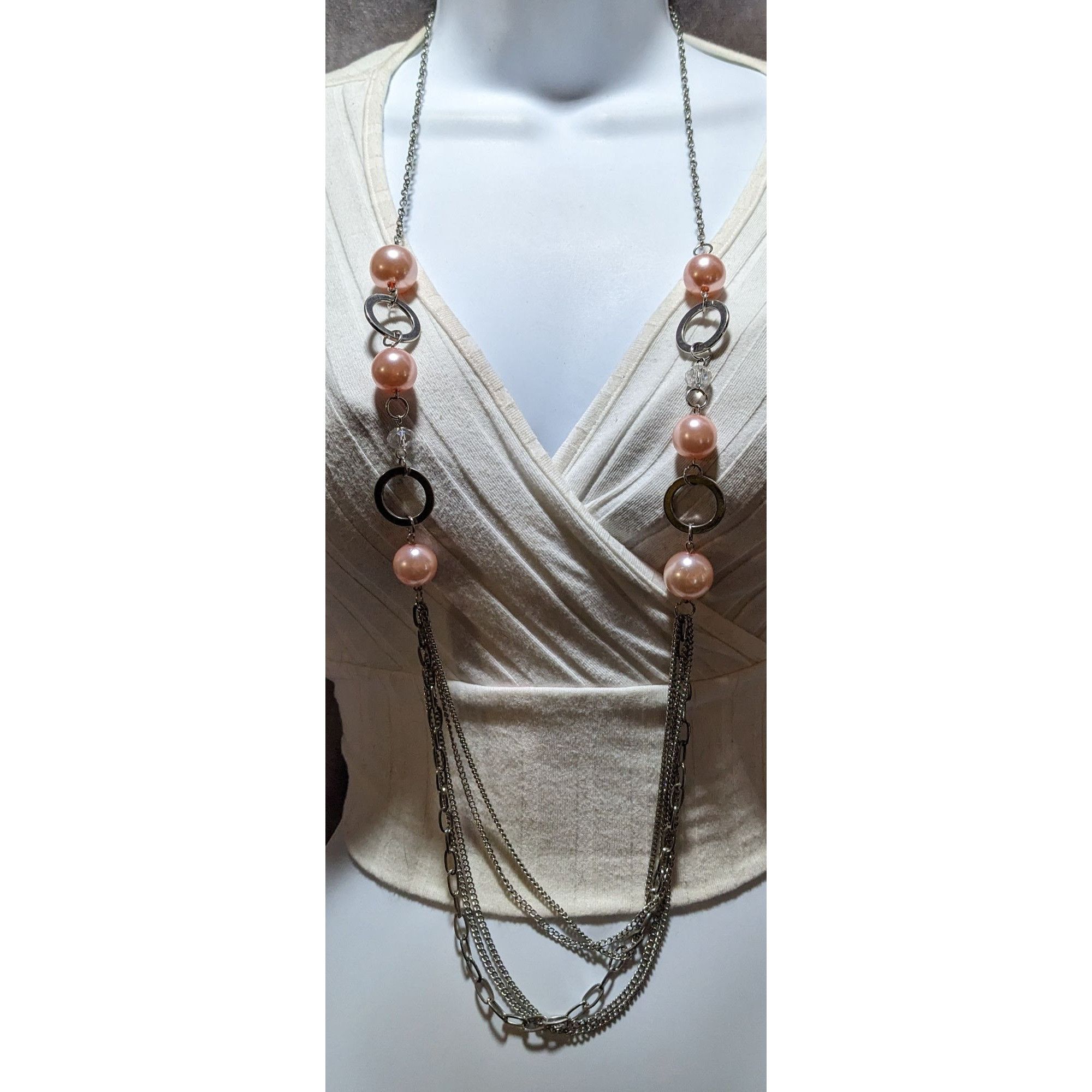 Other Long Silver & Pink Pearl Chain Necklace Size ONE SIZE - 7 Thumbnail