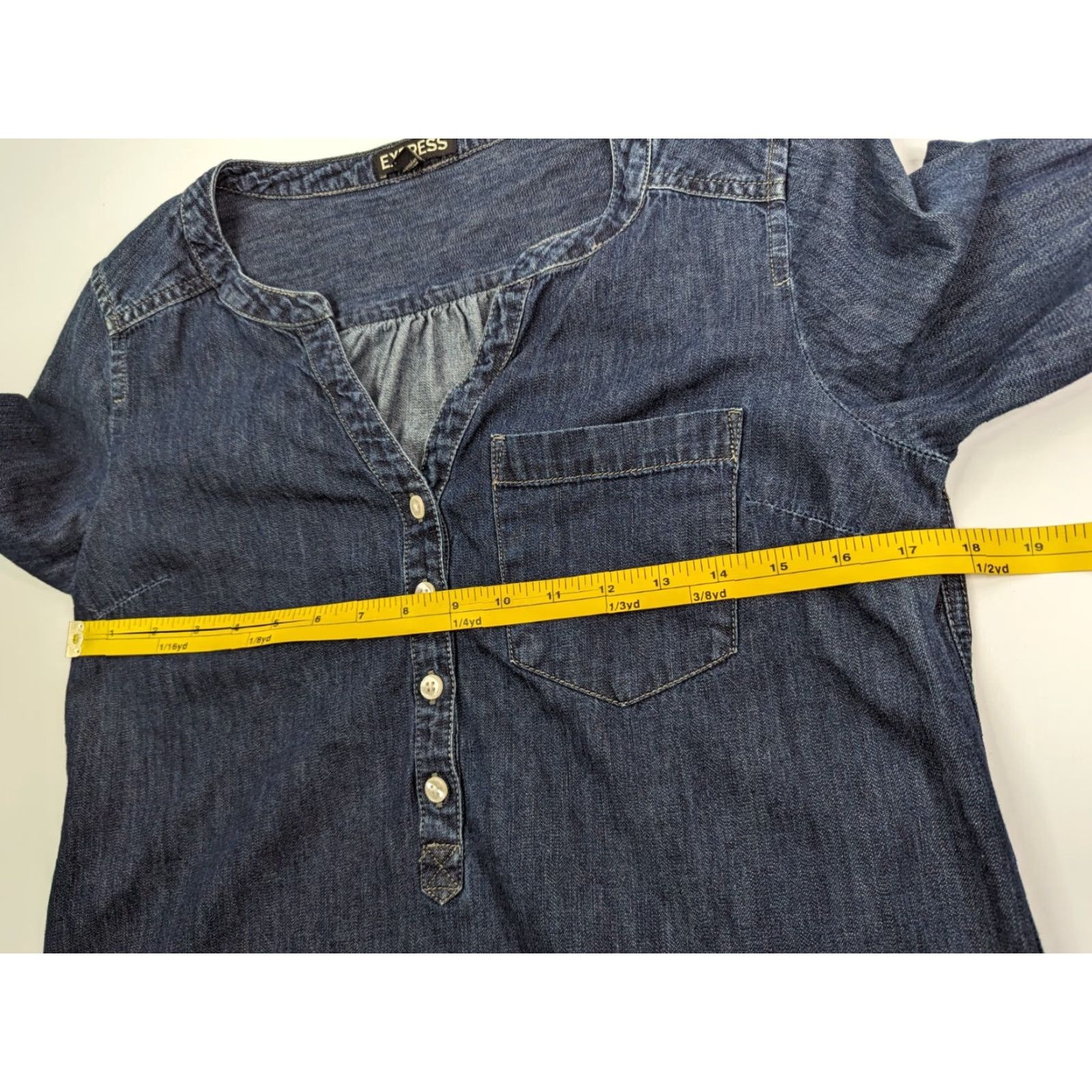 Express EXPRESS Blue Chambray Denim Mini Shirt Dress Tunic Roll Tab Sleeves Womens Small Size S / US 4 / IT 40 - 6 Thumbnail