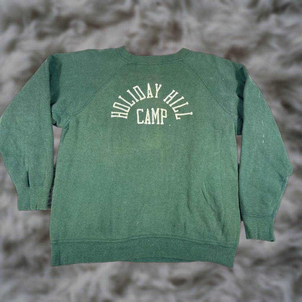VINTAGE Crewneck Sweatshirt Men Adult Medium Green CT Hill Camp Holiday Faded Graphic Print 60s Pullover