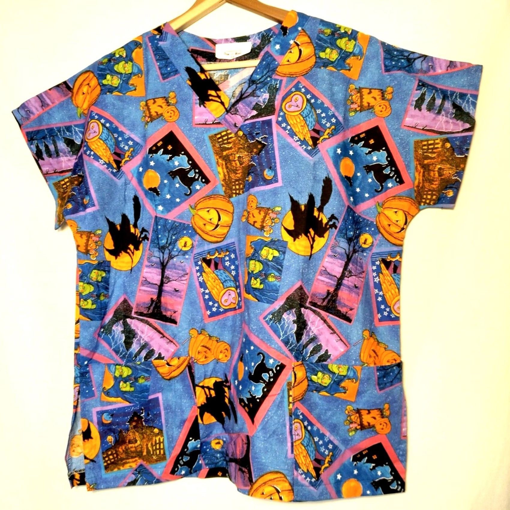 MadeMe Homemade Halloween Scrub Top Shirt Women S Blue Witch Cat Bat Owl Pumpkin Work Size S / US 4 / IT 40 - 2 Thumbnail